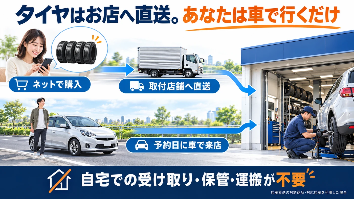 タイヤは取付店舗へ直送し、利用者は予約日に車で来店する流れ