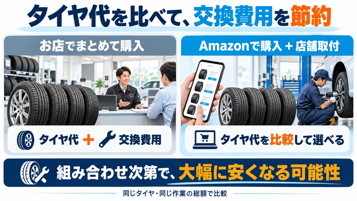 店頭購入とAmazon購入プラス店舗取付の違い。タイヤ代を比較して交換費用を抑える考え方
