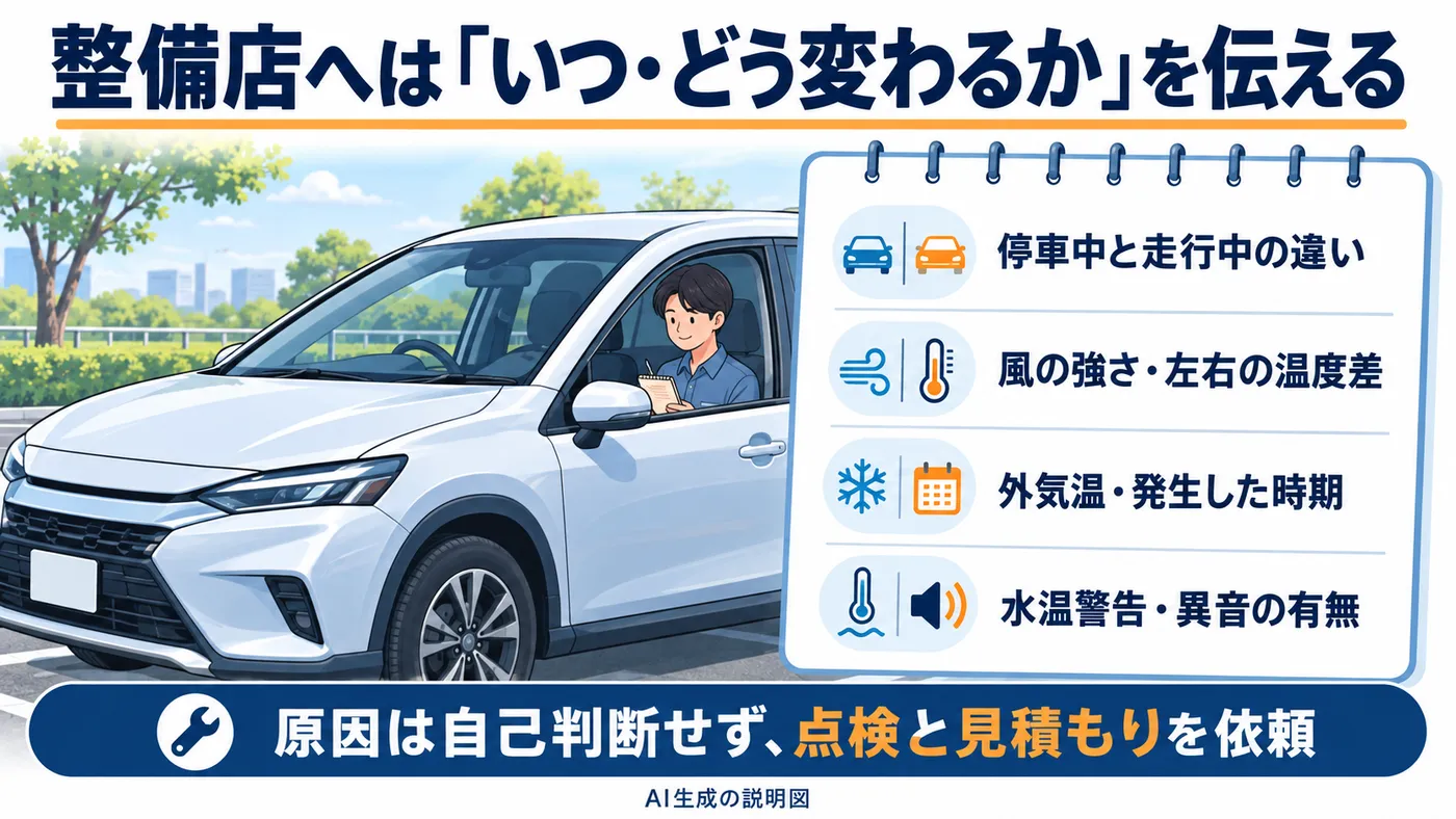 整備店に伝えるエアコン症状を車内で記録する説明図