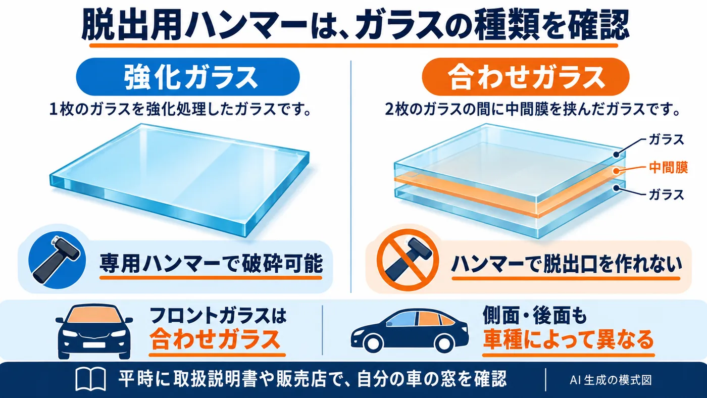 強化ガラスと合わせガラスの構造と脱出用ハンマー対応の違い