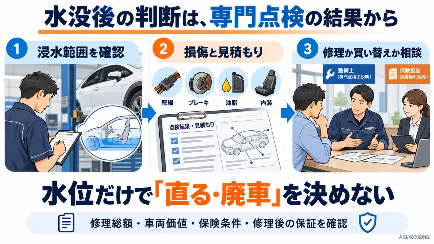 水没車を専門点検して見積もりと条件から修理買い替えを相談する流れ