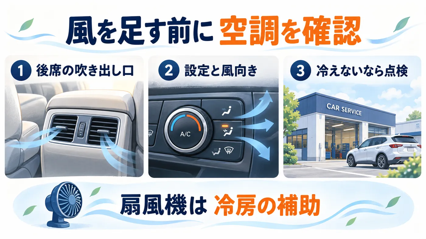 扇風機の追加前に後席の空調装備、風向き、冷房の不調を確認する場面図