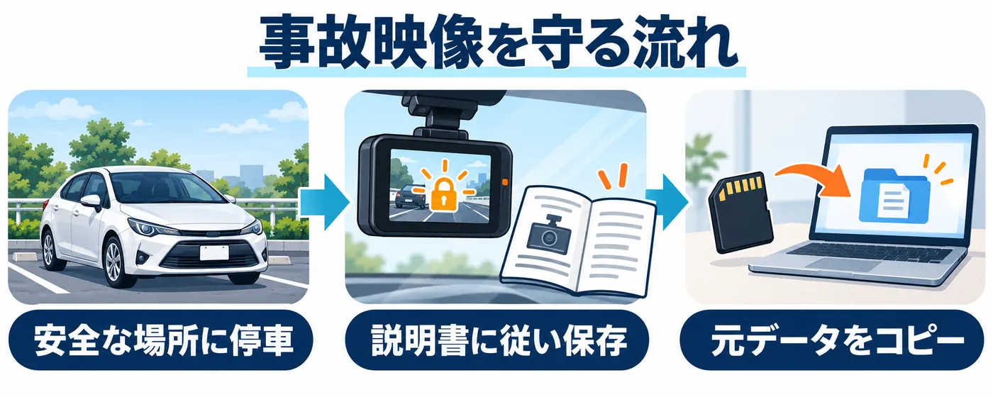 事故後は安全に停車し、機種の説明書に従って映像を保存し、元データを変更せず別媒体へコピーします。