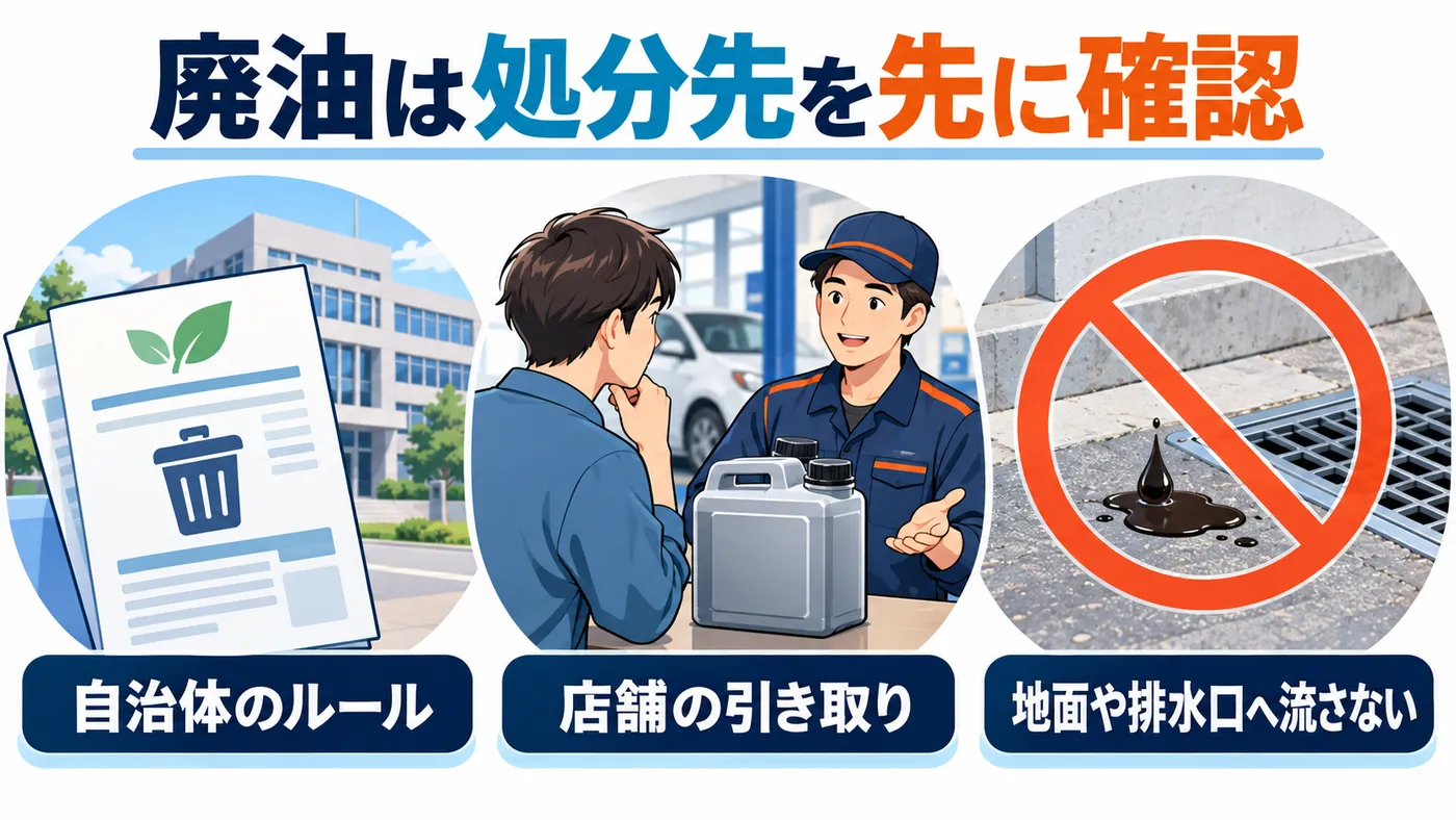 廃油は自治体の分別ルールや店舗の引き取り条件を確認し、地面や排水口には流しません。