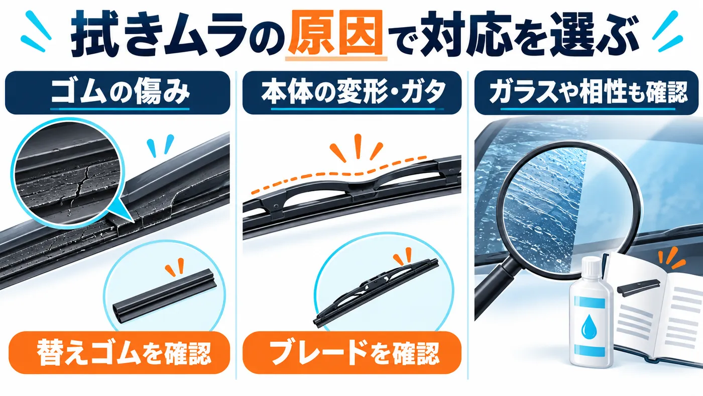 ゴムの傷みなら替えゴム、本体の変形やガタならブレードを確認し、ゴムが新しいのに拭きムラが出る場合はガラスや製品の相性も点検します。