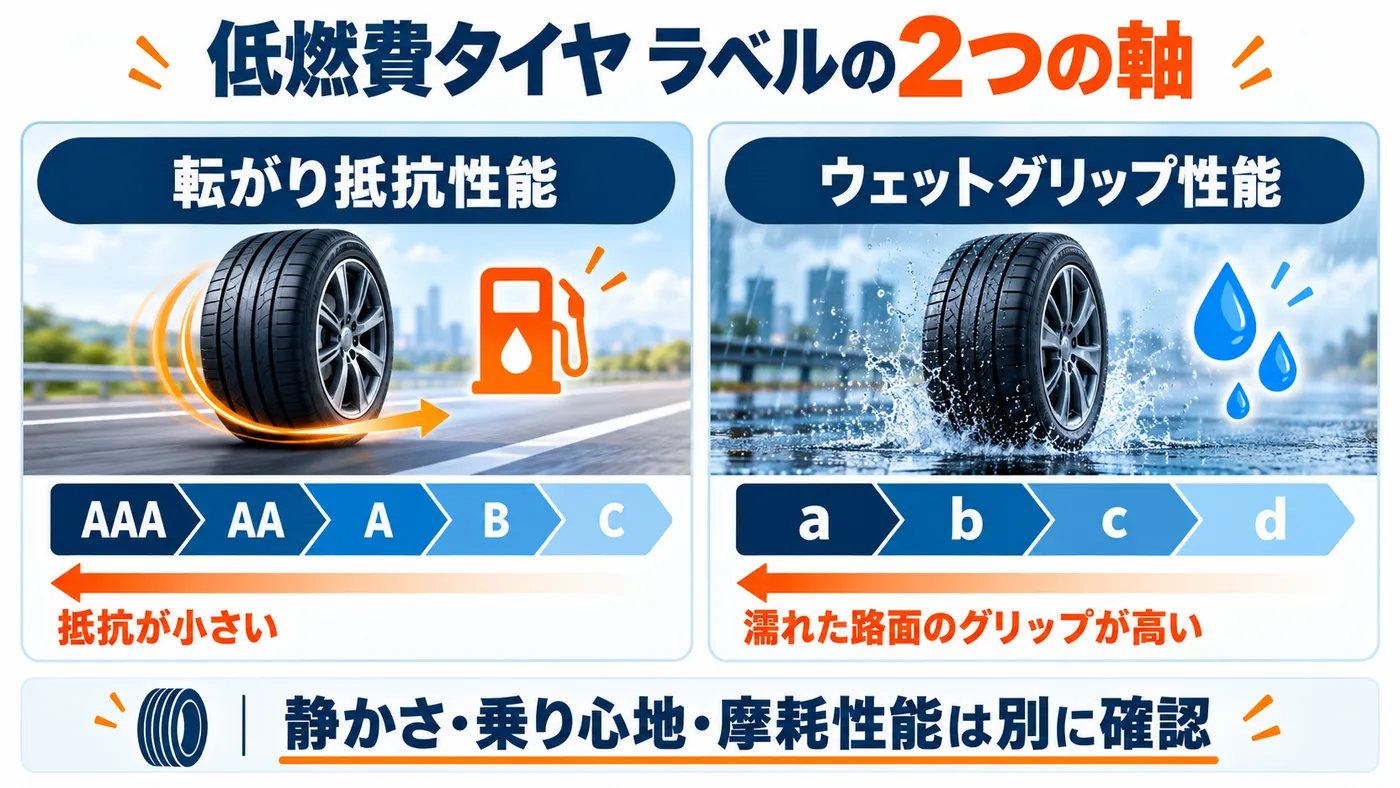 タイヤラベルの転がり抵抗AAAからCとウェットグリップaからdの読み方