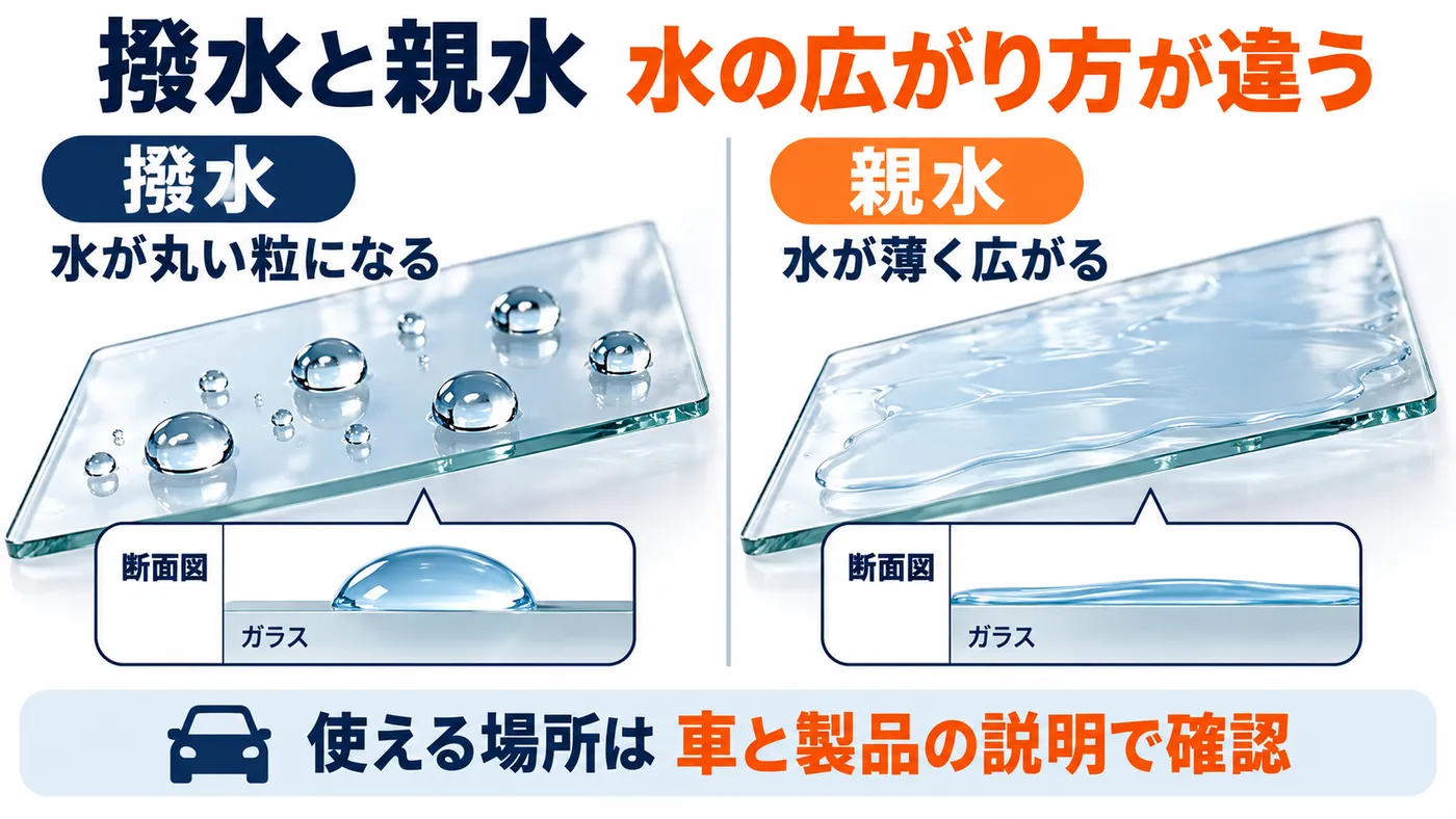 撥水では丸い水滴、親水では薄く広がる水になる比較模式図