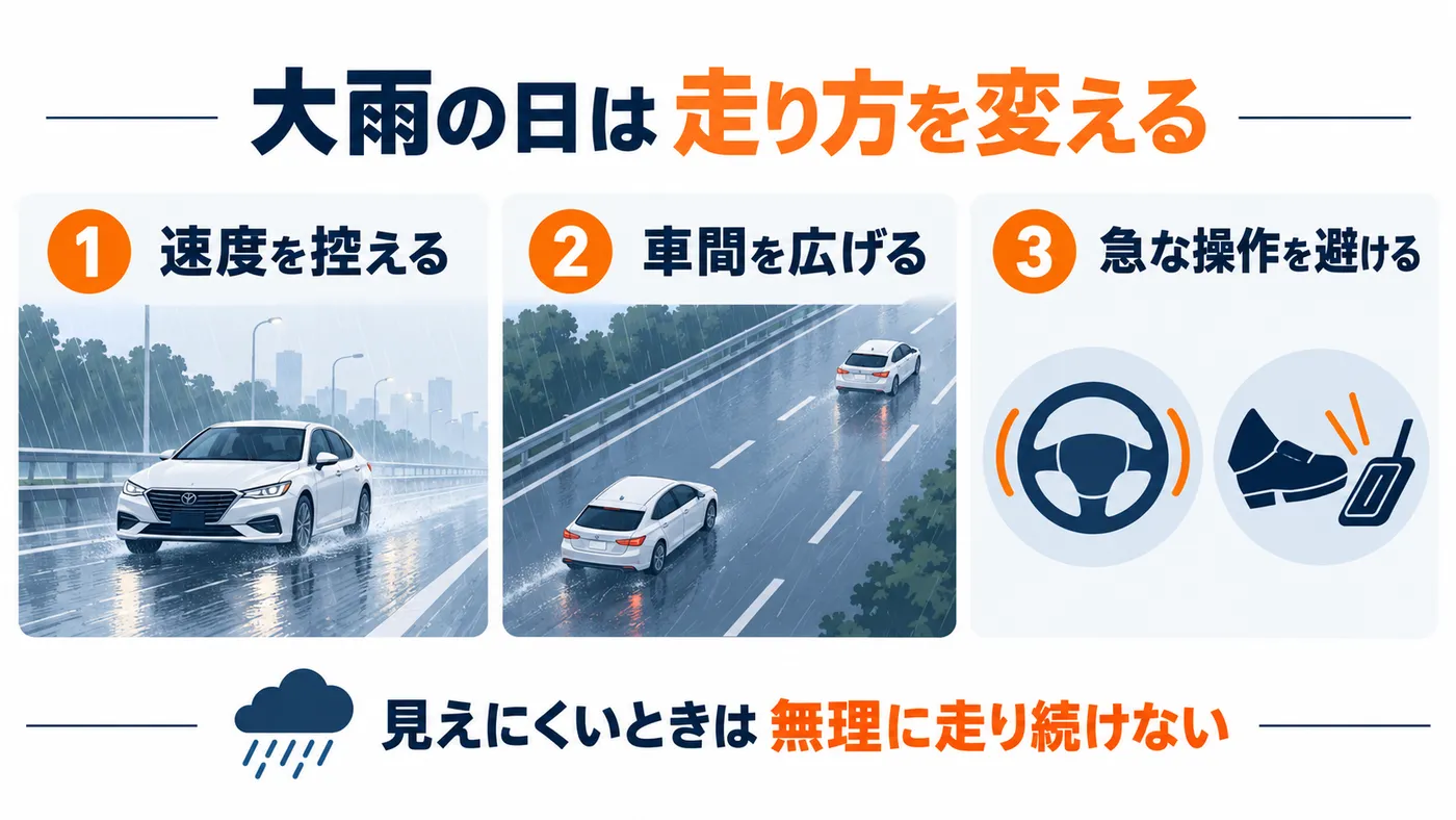 大雨で速度を控え車間を広げ急操作を避ける場面図