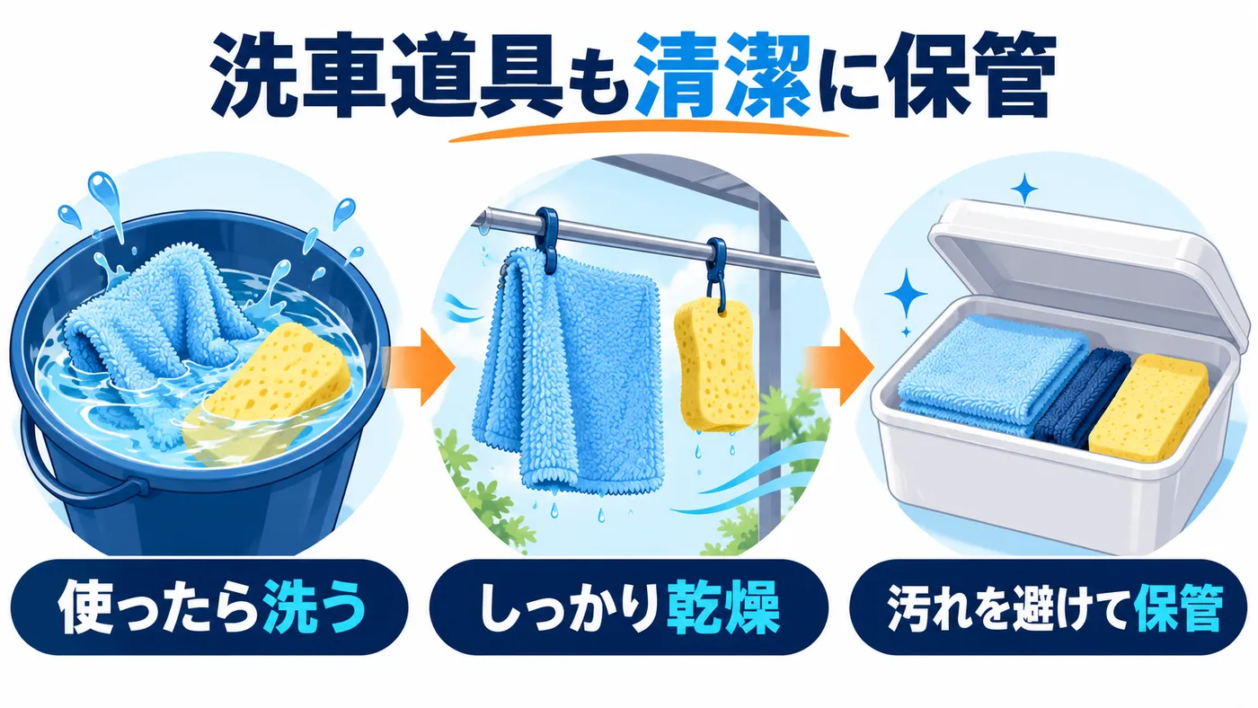洗車後のスポンジやクロスは洗って乾燥させ、砂やホコリが付着しないように保管します。