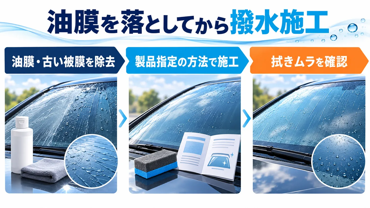 撥水施工の前に油膜や古い被膜を除去し、製品指定の施工方法を守って、最後に拭きムラやビビりを確認します。