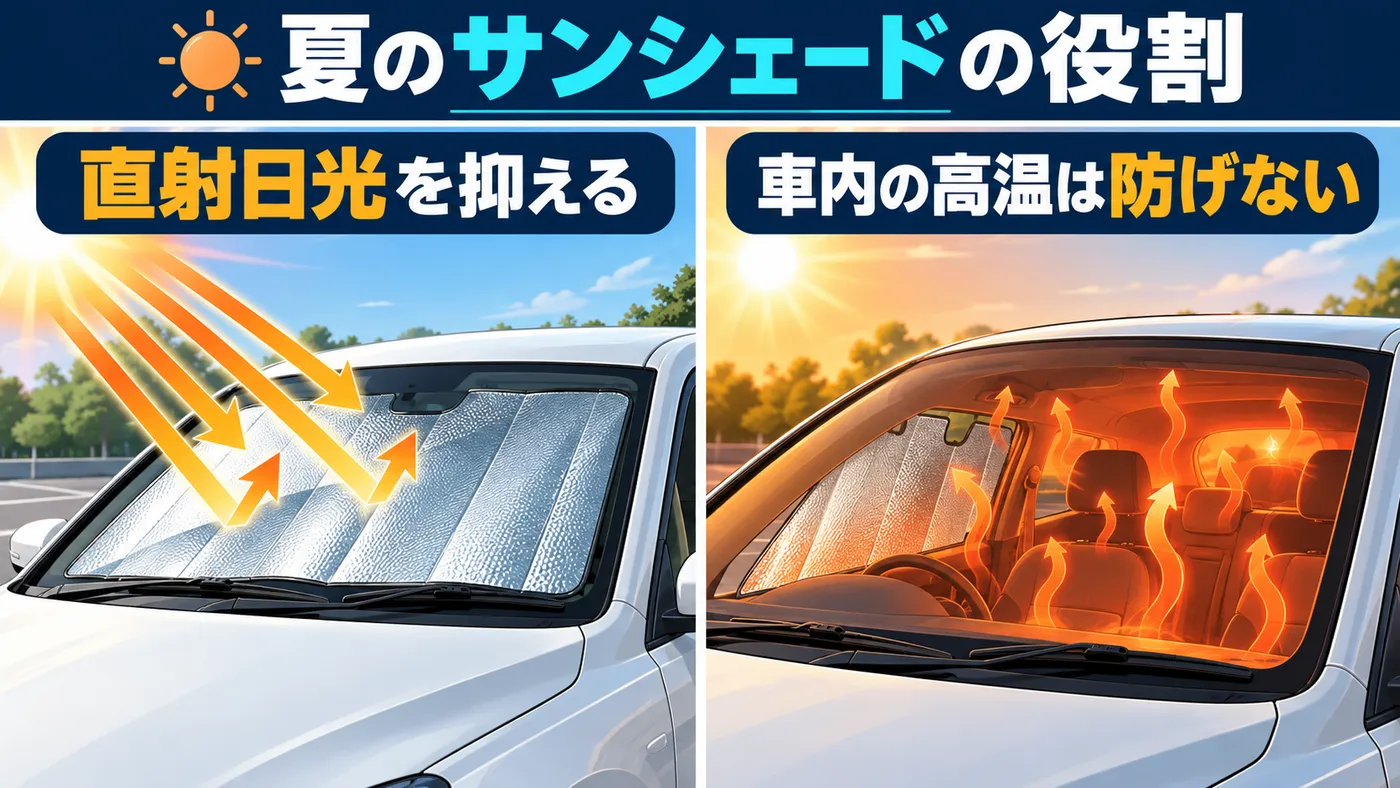 サンシェードはハンドルやダッシュボードへの直射日光を抑える補助で、車内全体の高温化や熱中症を防ぐものではありません。