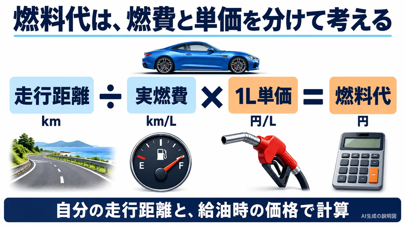 走行距離を実燃費で割り燃料単価を掛けて燃料代を求める式