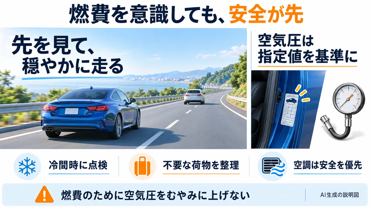 安全な車間距離での穏やかな運転と指定空気圧の点検