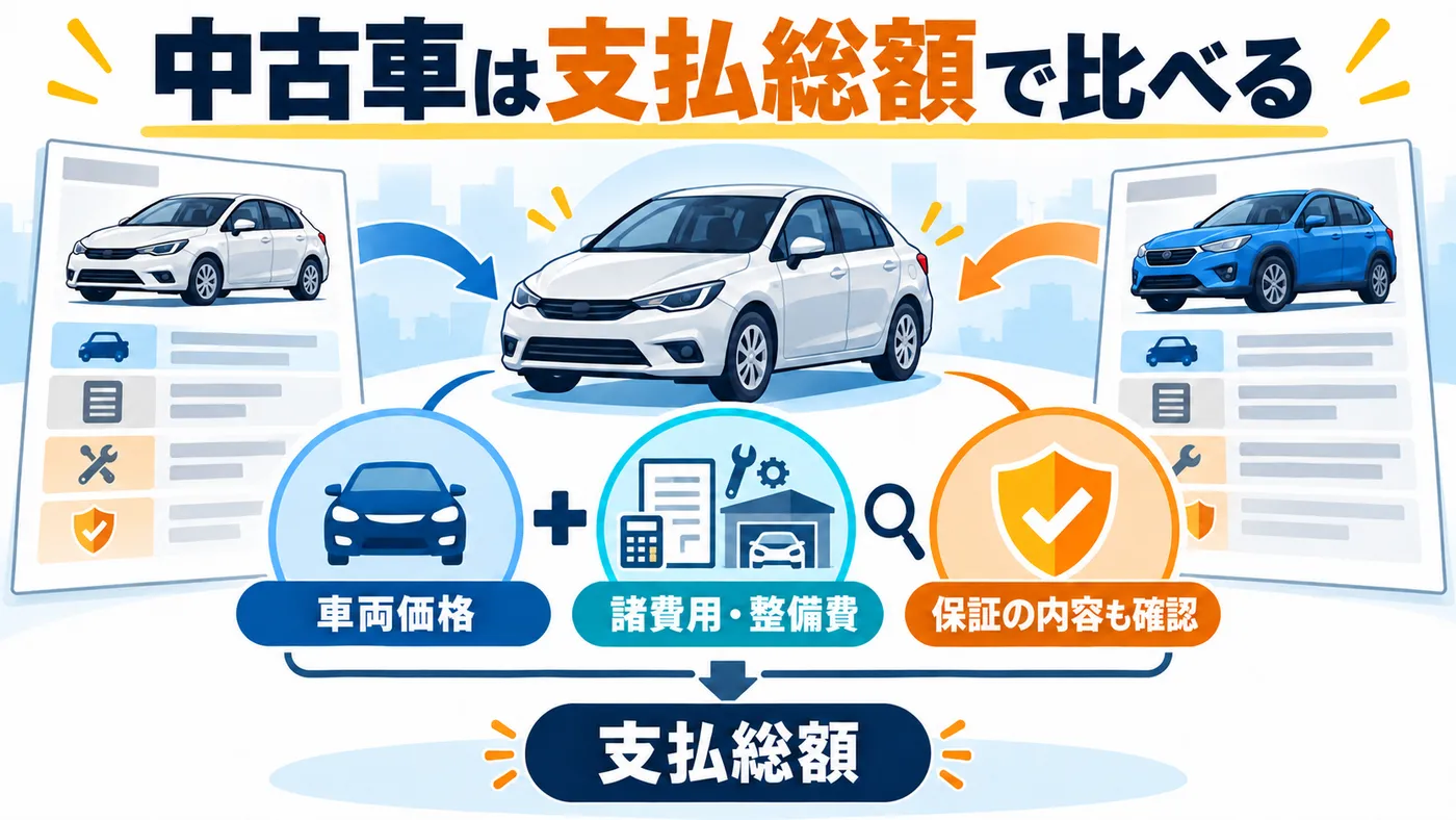 車両本体の価格だけでなく、諸費用・整備費や保証内容を確認して、乗り出すまでの支払総額で比べます。
