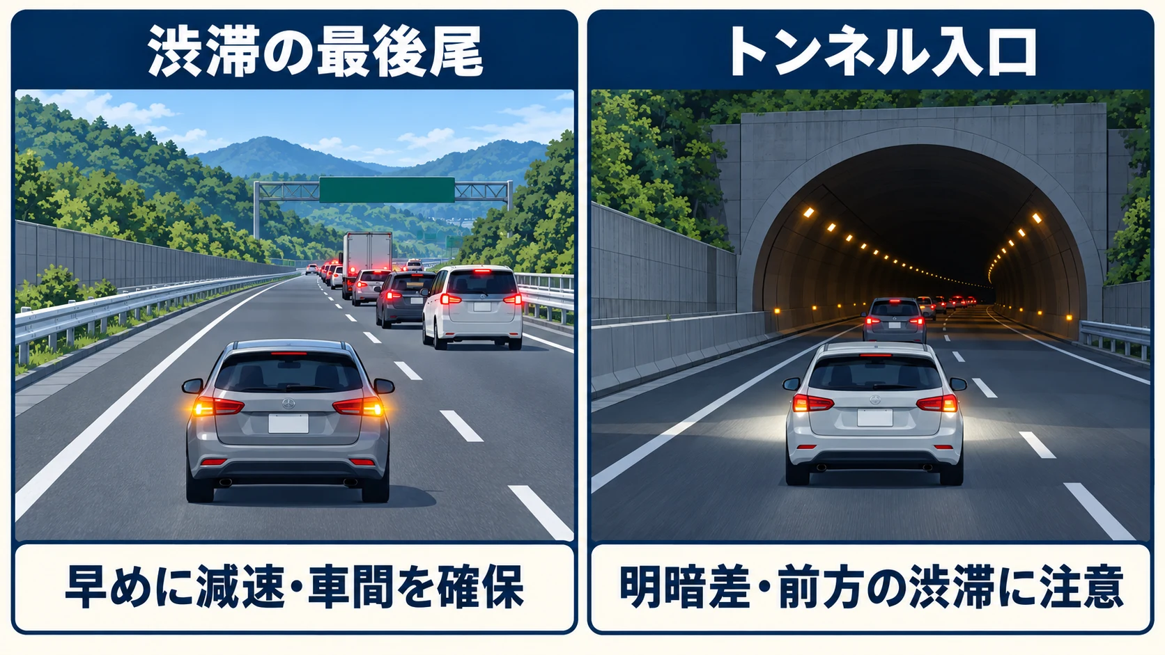 渋滞の最後尾では早めに減速して車間を確保し、トンネル入口では明暗差と前車の減速に備える図解
