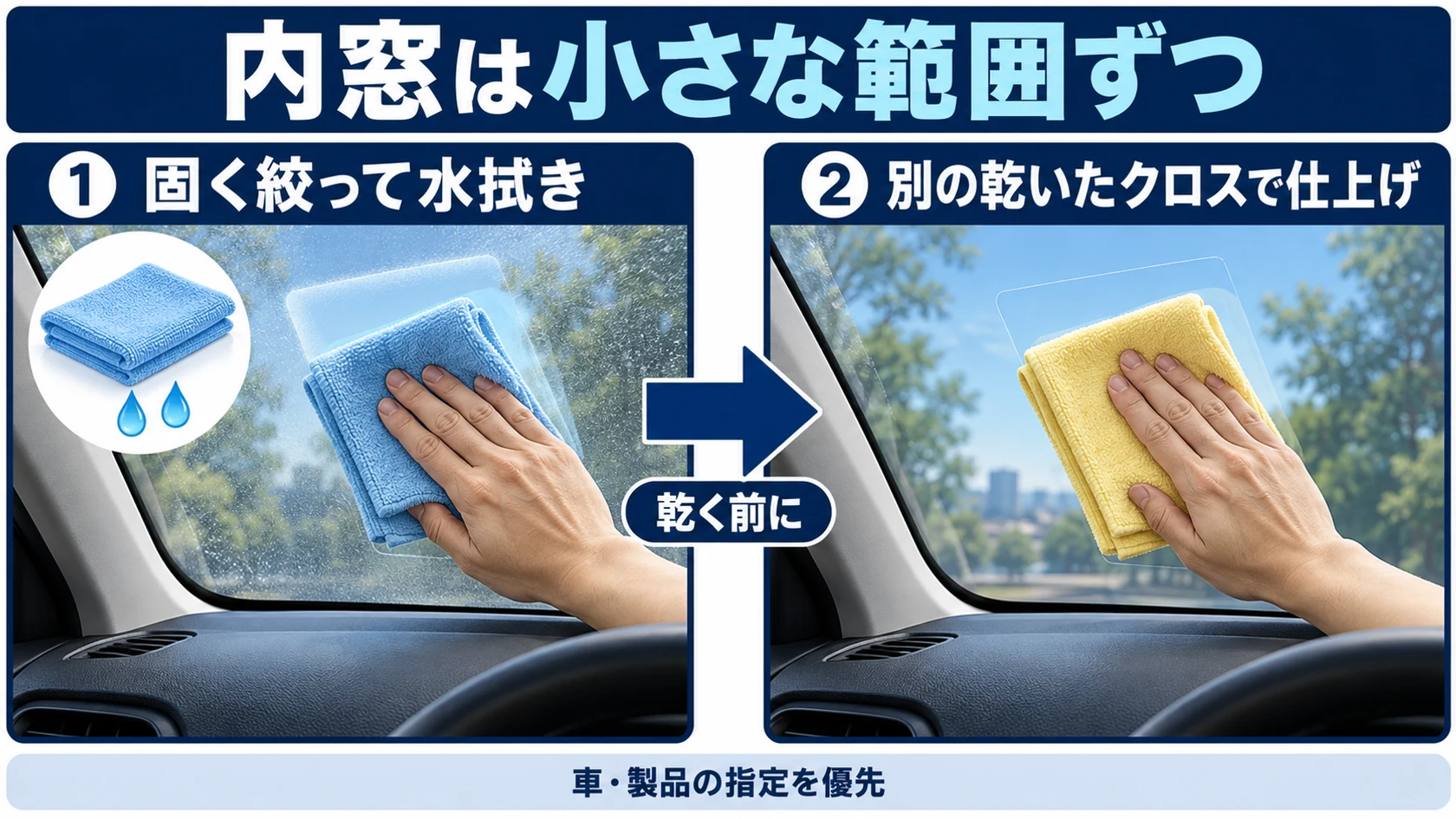 固く絞ったクロスで小さな区画を水拭きし、別の乾いたクロスで仕上げる手順