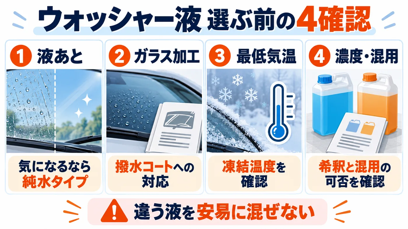 ウォッシャー液選びの液あと、ガラス加工、最低気温、濃度と混用の確認図