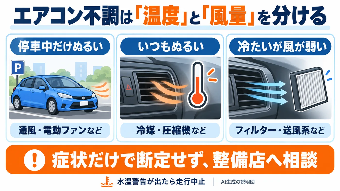 エアコンの温度と風量を分けて症状を整理する図