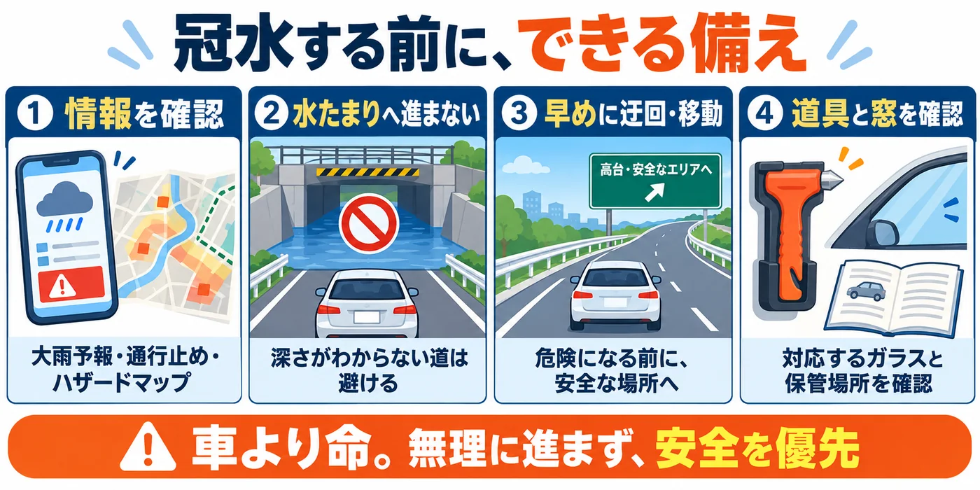 大雨の情報確認と冠水道路の回避・早めの移動・脱出用品の準備を示す図