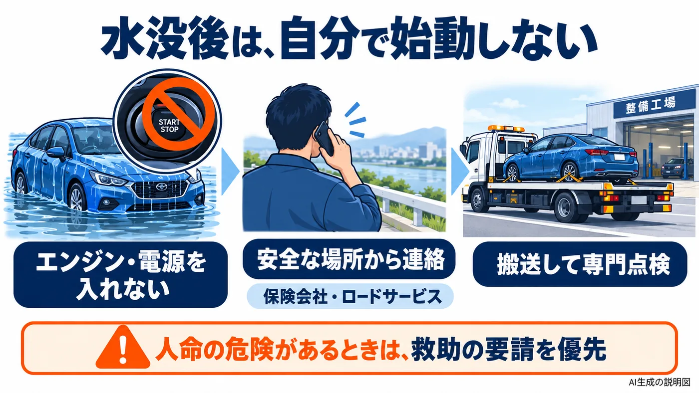 水没後に始動せず安全な場所から連絡して搬送点検する図