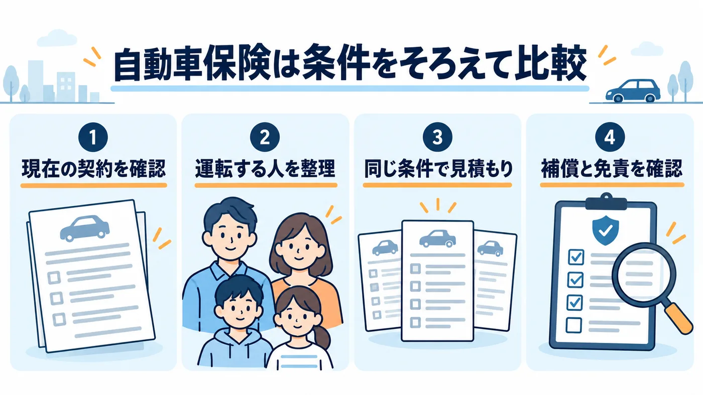 現在の契約と運転する人を整理し、同じ条件の見積もりで補償範囲や免責金額を比べます。
