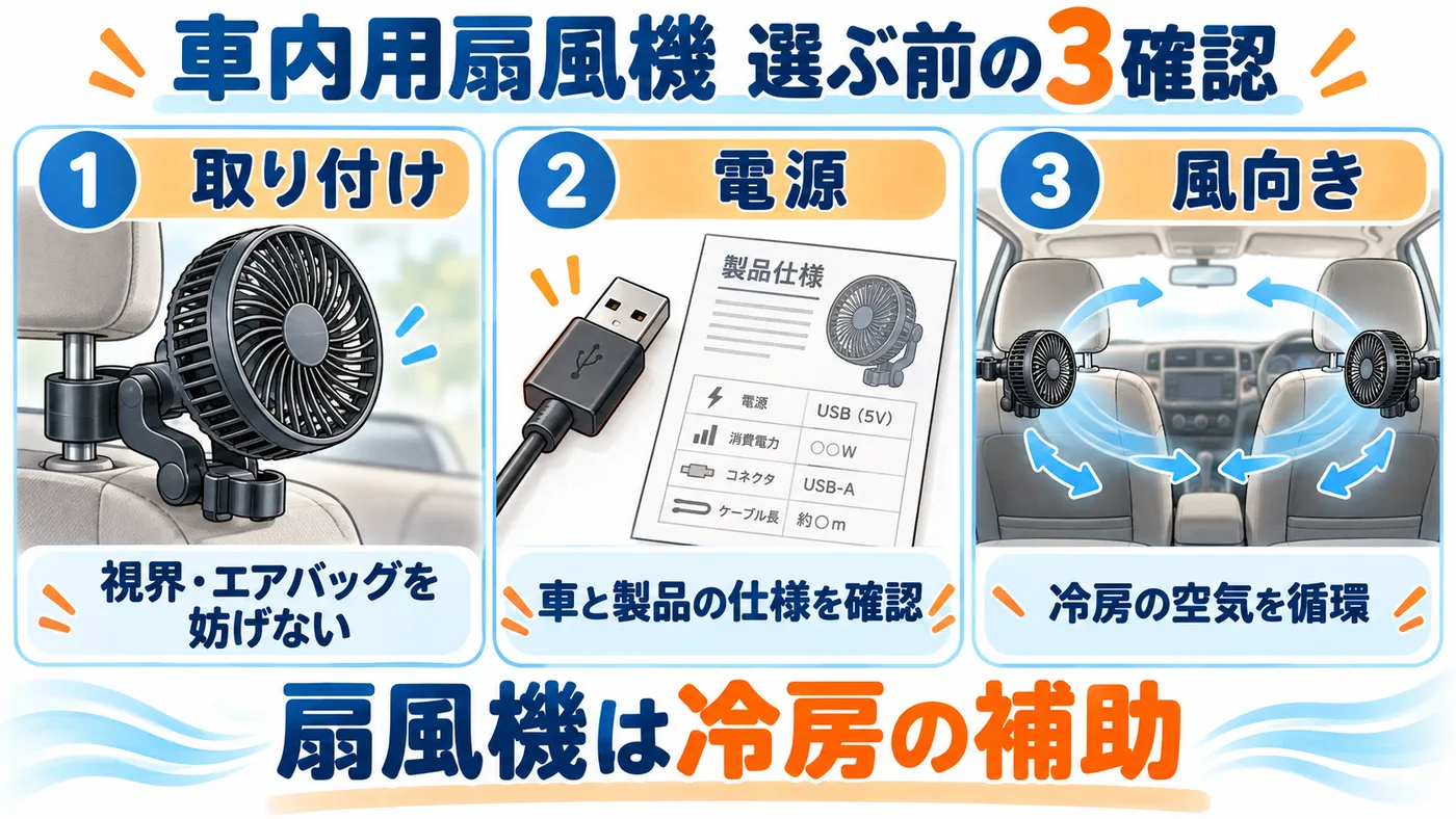 車内用扇風機の取り付け、電源、風向きの確認ポイント