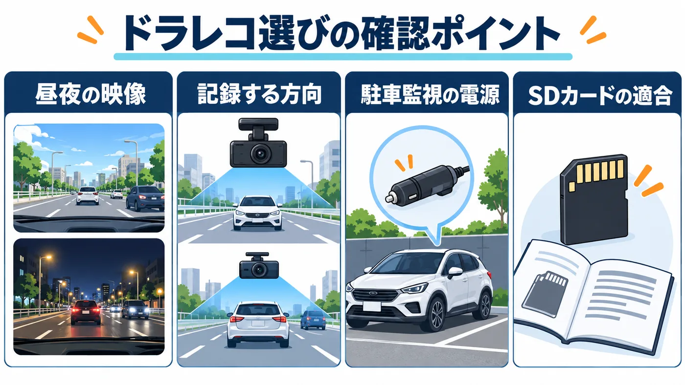 昼夜の実映像・記録方向・電源条件・SDカードの適合を確認します。駐車監視の配線や電源は機種の説明書に従い、低電圧保護の条件も確認してください。