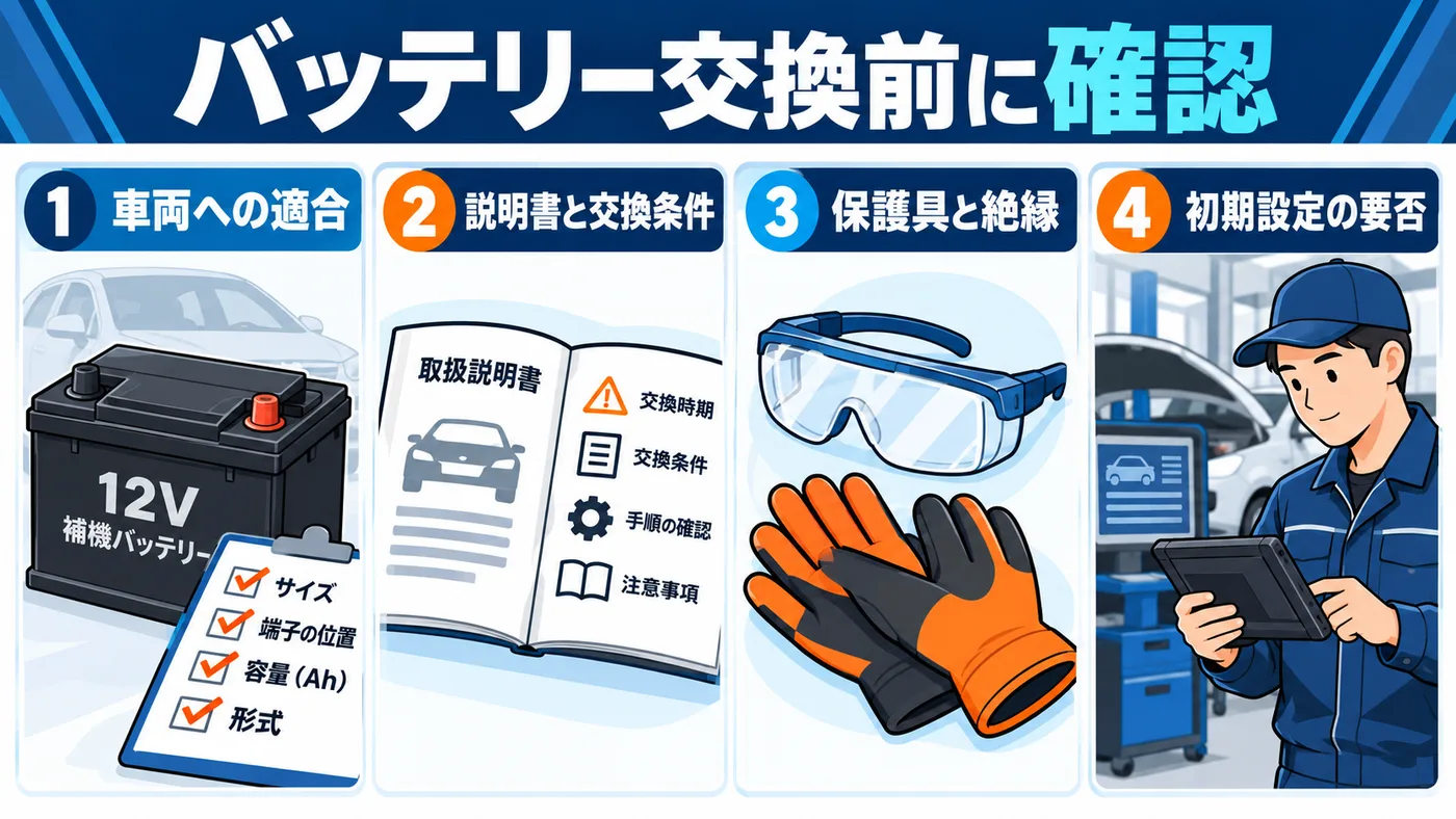 12V補機用バッテリーの交換前に、適合・説明書の交換条件・保護具・交換後の初期設定を確認します。