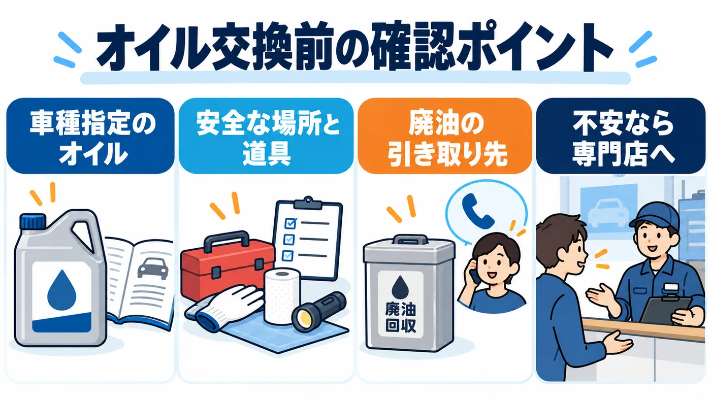 車種指定のオイル、安全な作業場所と道具、廃油の引き取り先を準備し、不安があれば専門店へ相談します。