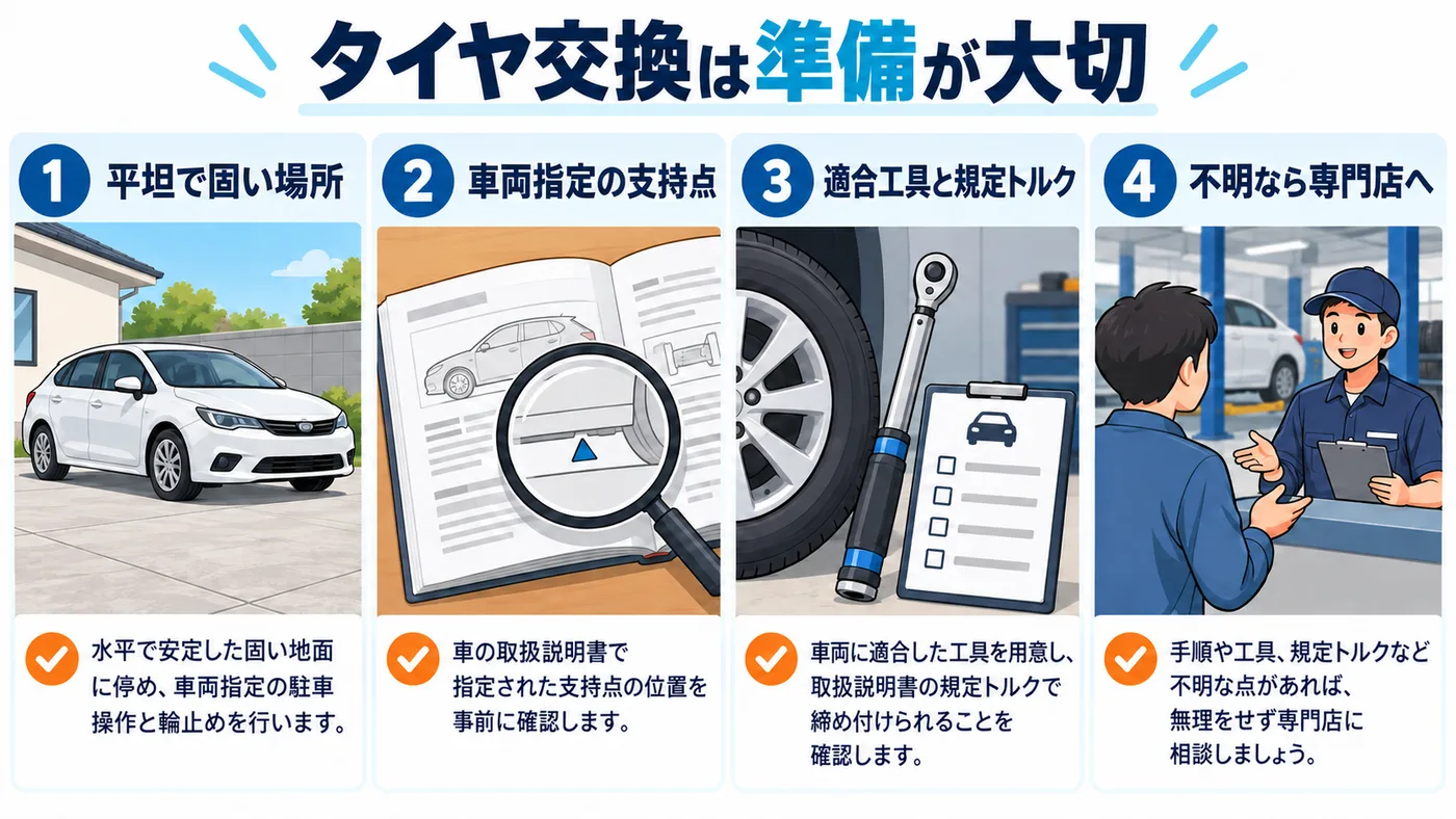 平坦で固い場所、車両指定の支持点、適合工具と規定トルクを確認し、不明な場合は専門店へ依頼します。