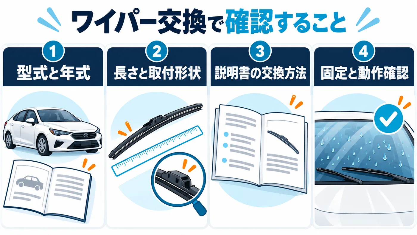 型式と年式、長さと取付形状、説明書の交換方法を確認し、交換後は固定と動作を点検します。