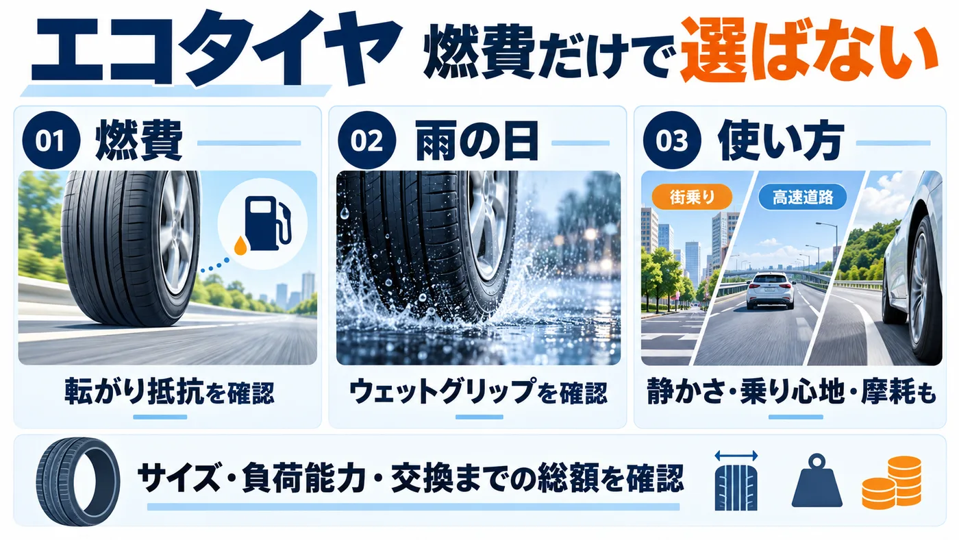 エコタイヤ選びで燃費、ウェットグリップ、使い方を比較する図