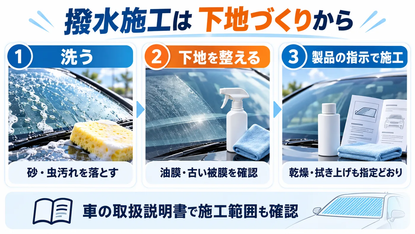 ガラス撥水施工で洗浄、下地処理、製品の指示を確認する図