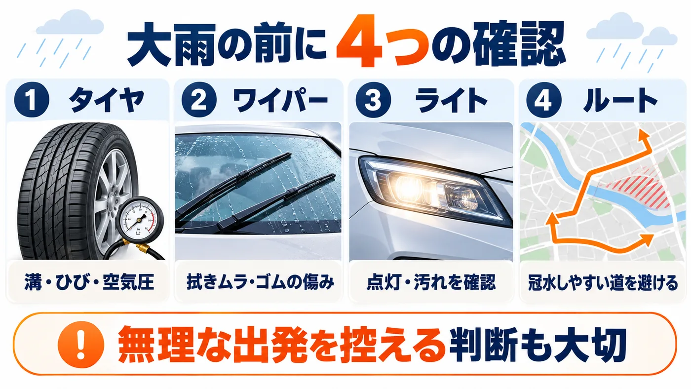 大雨前に確認するタイヤ、ワイパー、ライト、ルートの図