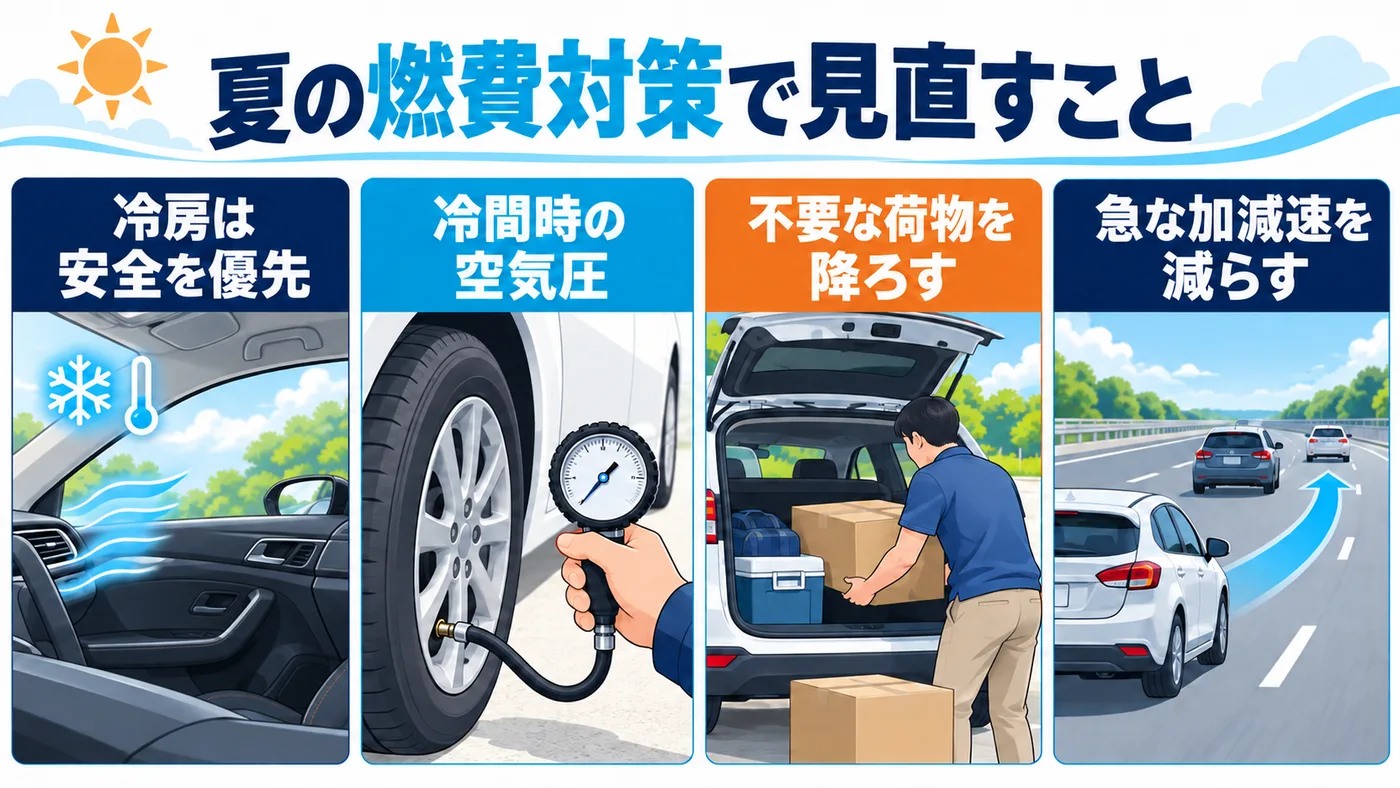 安全な冷房の使用を優先し、冷間時の空気圧・不要な荷物・急な加減速を見直します。