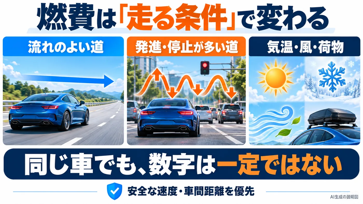 一定走行と発進停止や気温風荷物が燃費へ影響する概念図