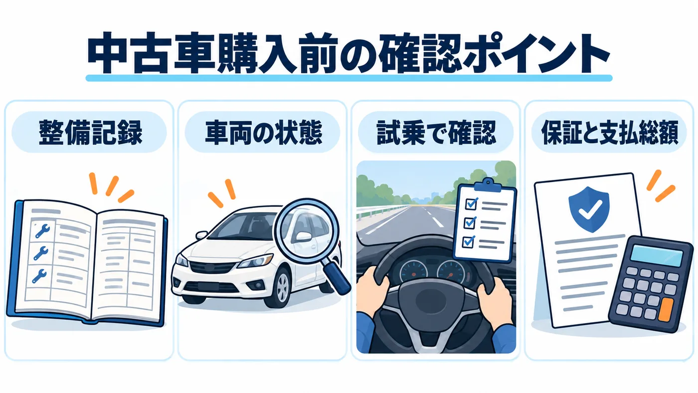 中古車は整備記録・車両の状態・試乗結果・保証と支払総額を合わせて確認します。