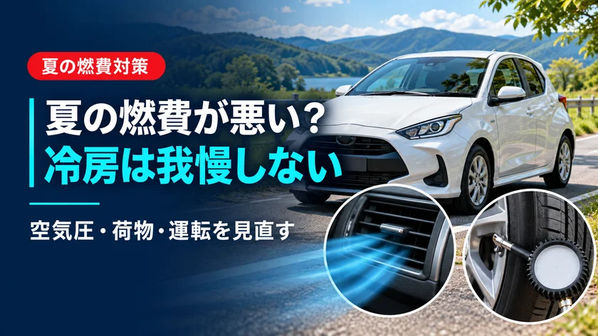 夏に車の燃費が悪化する原因｜エアコン・空気圧・荷物の見直し方のアイキャッチ画像